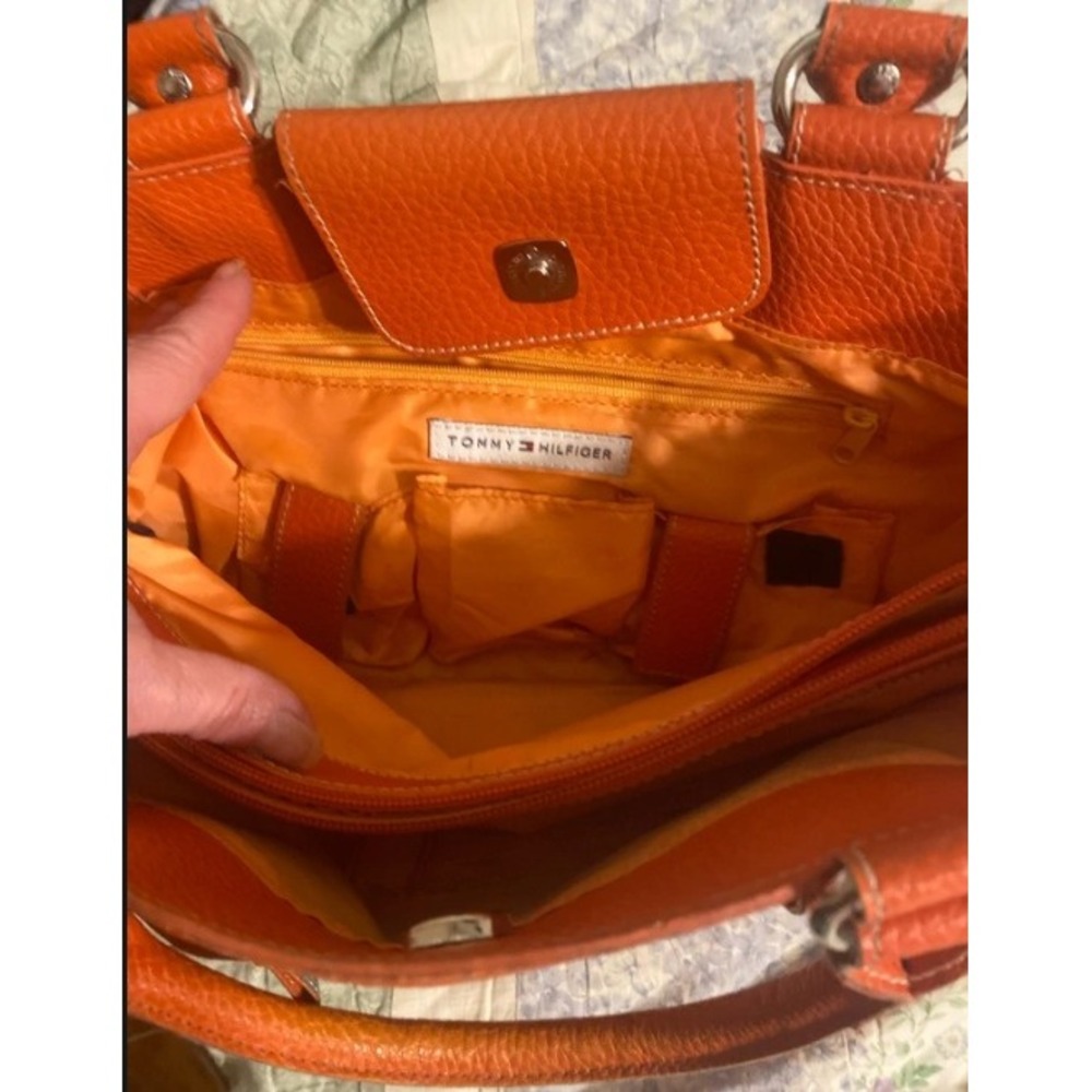 Tommy Hilfiger Satchel Handbag Large Orange Pebbled Leather Crossbody Strap